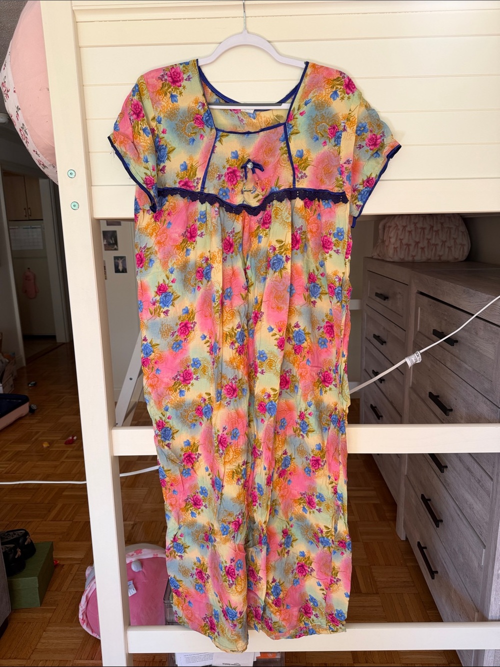 Floral Summer Maxi Sleep Dress with Navy Trim